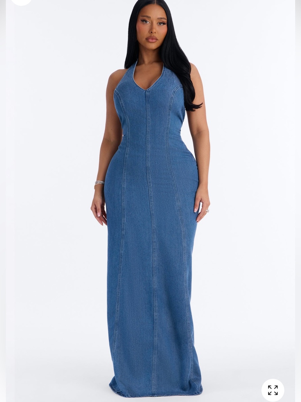 Fashion Nova Blue Denim Halter Maxi Dress